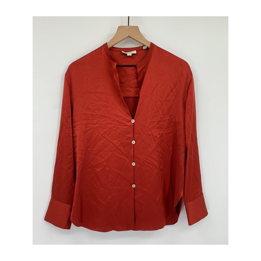 Vince Silk Blouse Womens Small Orange Band Collar Button Long Sleeve Luxury Fall